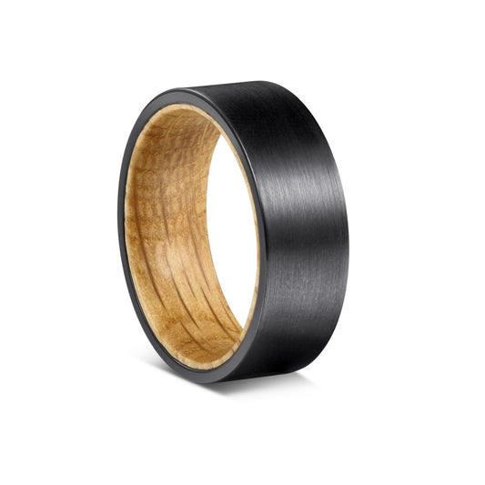 Men's black tungsten carbide ring with whiskey barrel oak wood sleeve