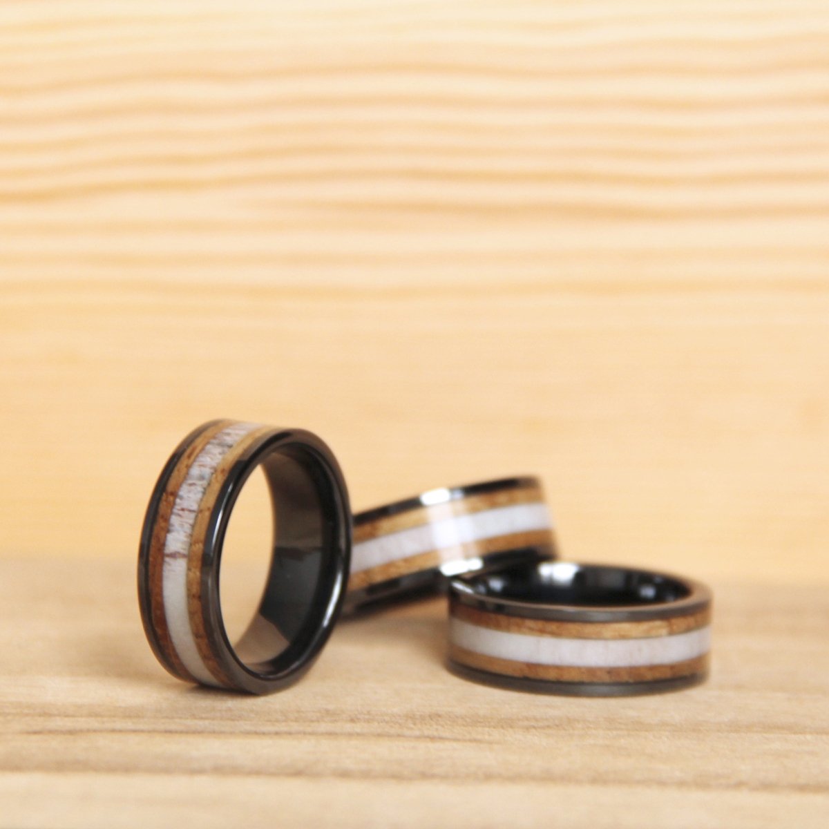 Trophy Hunter - Black Ceramic Whiskey Barrel and Antler Wedding Band