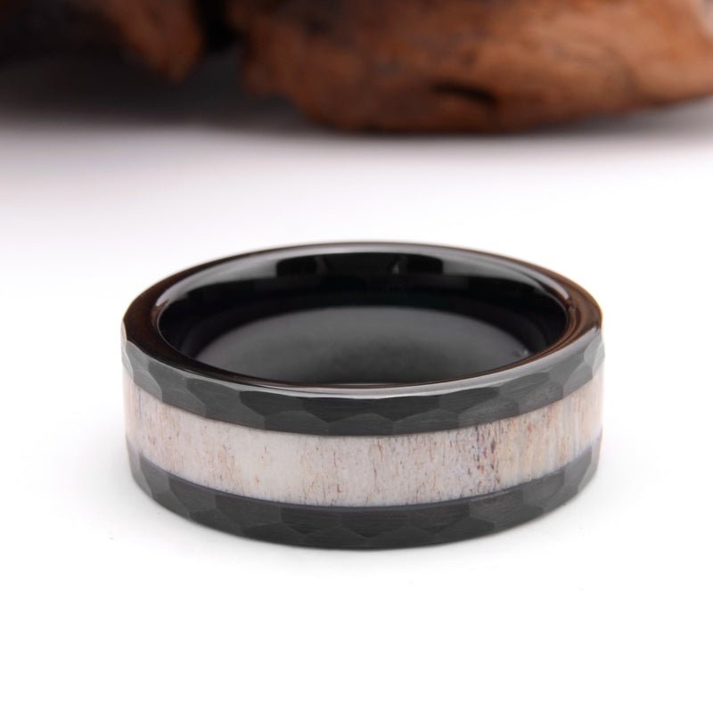 Rugged Hunter - Hammered Tungsten with Deer Antler Inlay