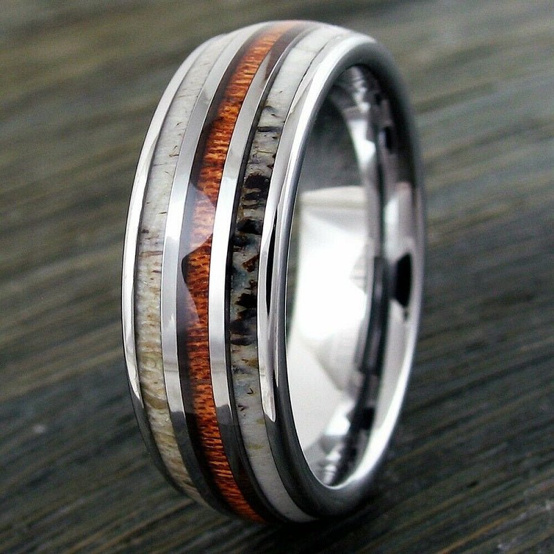 Deer in the Woods - Koa Wood and Deer Antler Wedding Band