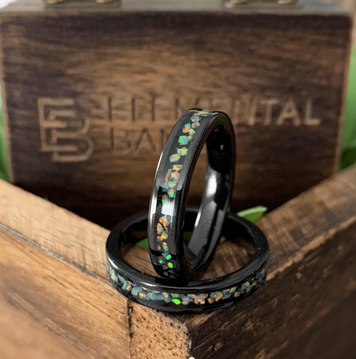 Fire Fly - Black Tungsten Wedding Ring with Fire Opal Inlay