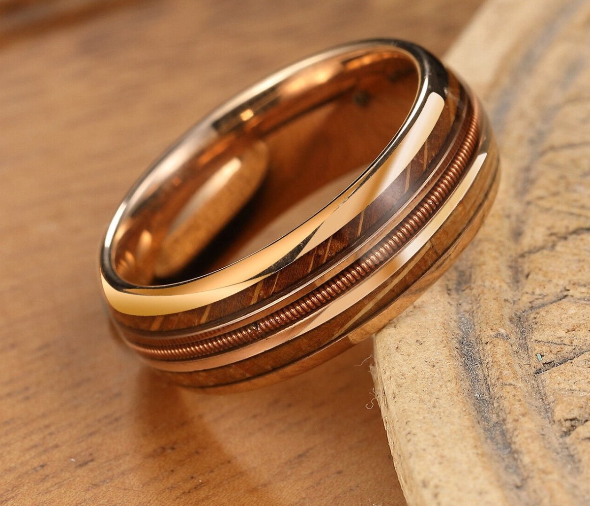 Rose Musician - Men Tungsten Ring with Whiskey Barrel and Guitar String Inlay