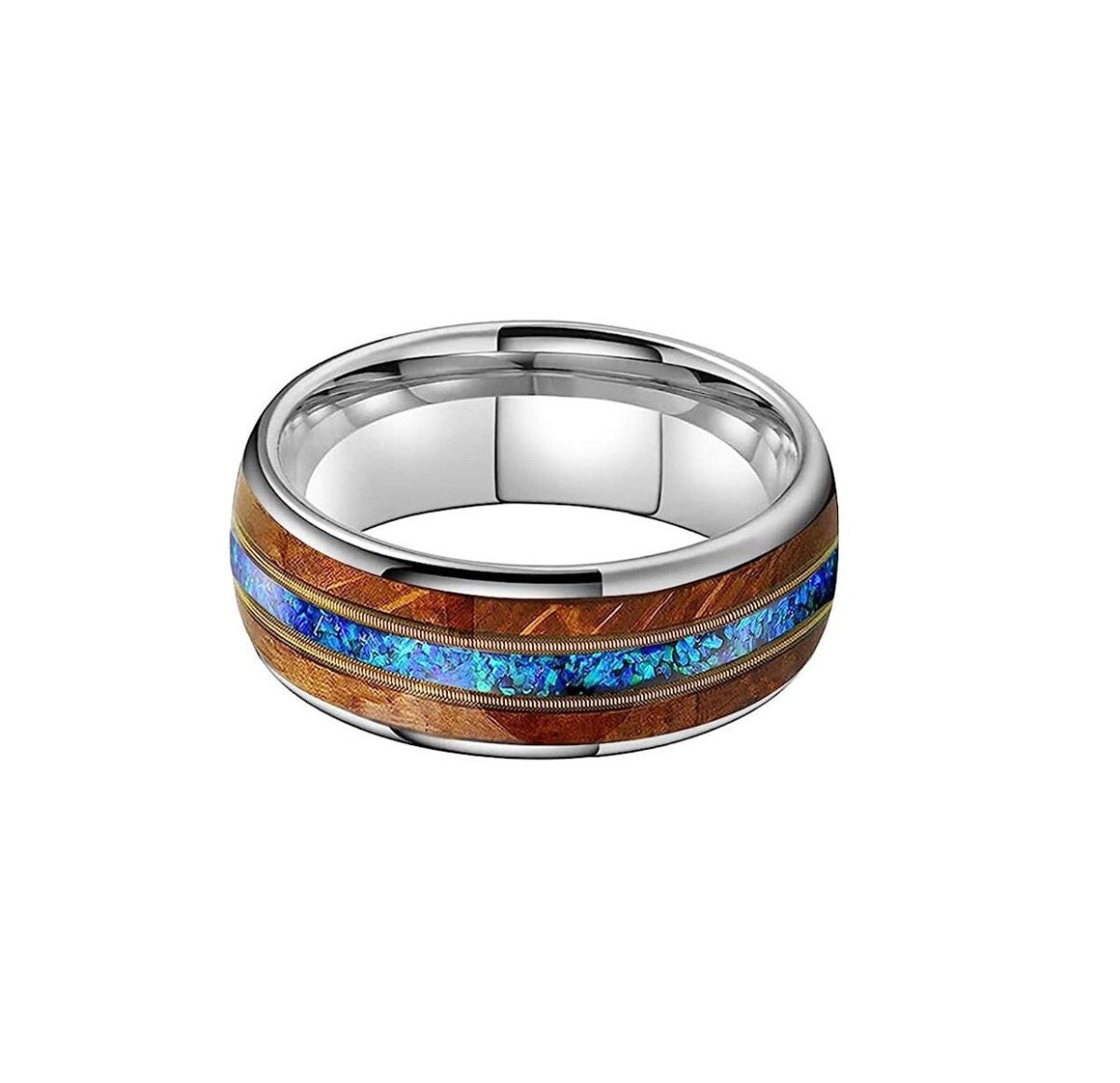 Silver Musician - Silver Tungsten Guitar String Ring with Whiskey Barrel and Blue Opal