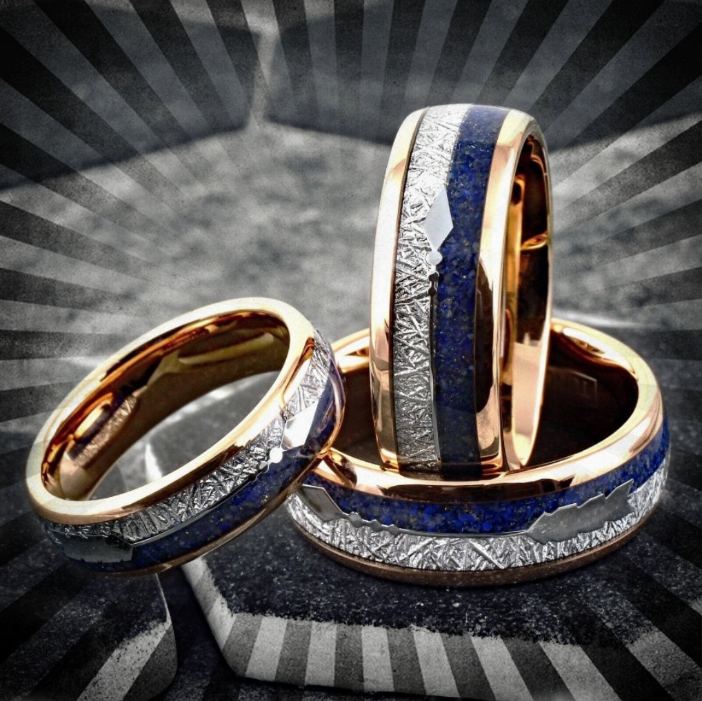 Golden Lapis Rose Gold Tungsten Ring with Meteorite and Lapis