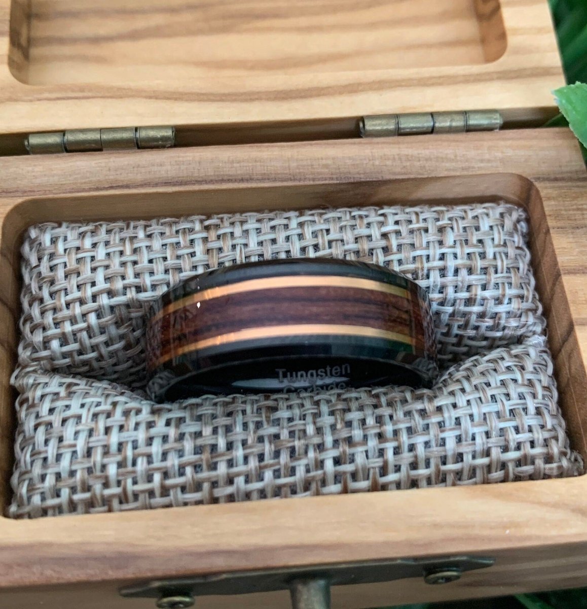 Exquisite Man - Black Tungsten Wedding Band with Rose Gold and Koa Wood Inlay