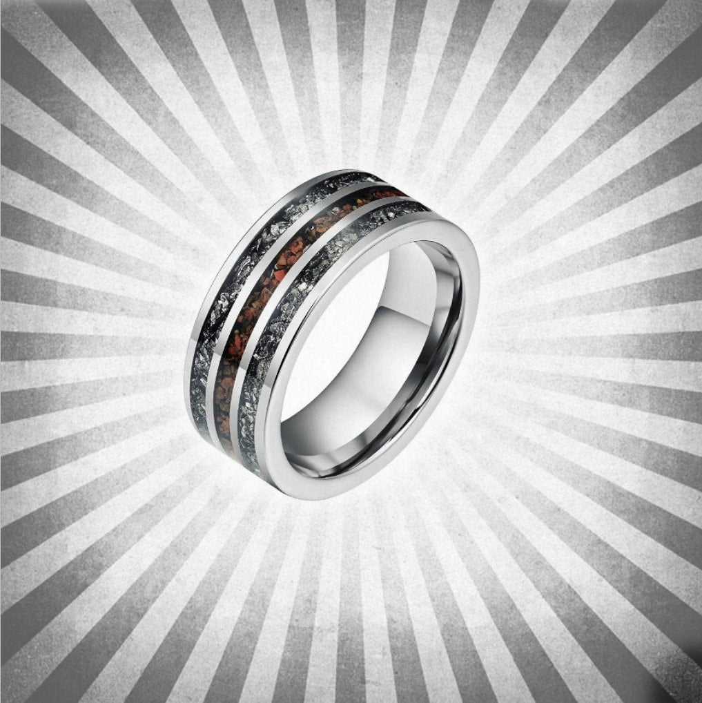 DinoMeteorite - Men's Silver Tungsten Meteorite Dinosaur Bone Ring