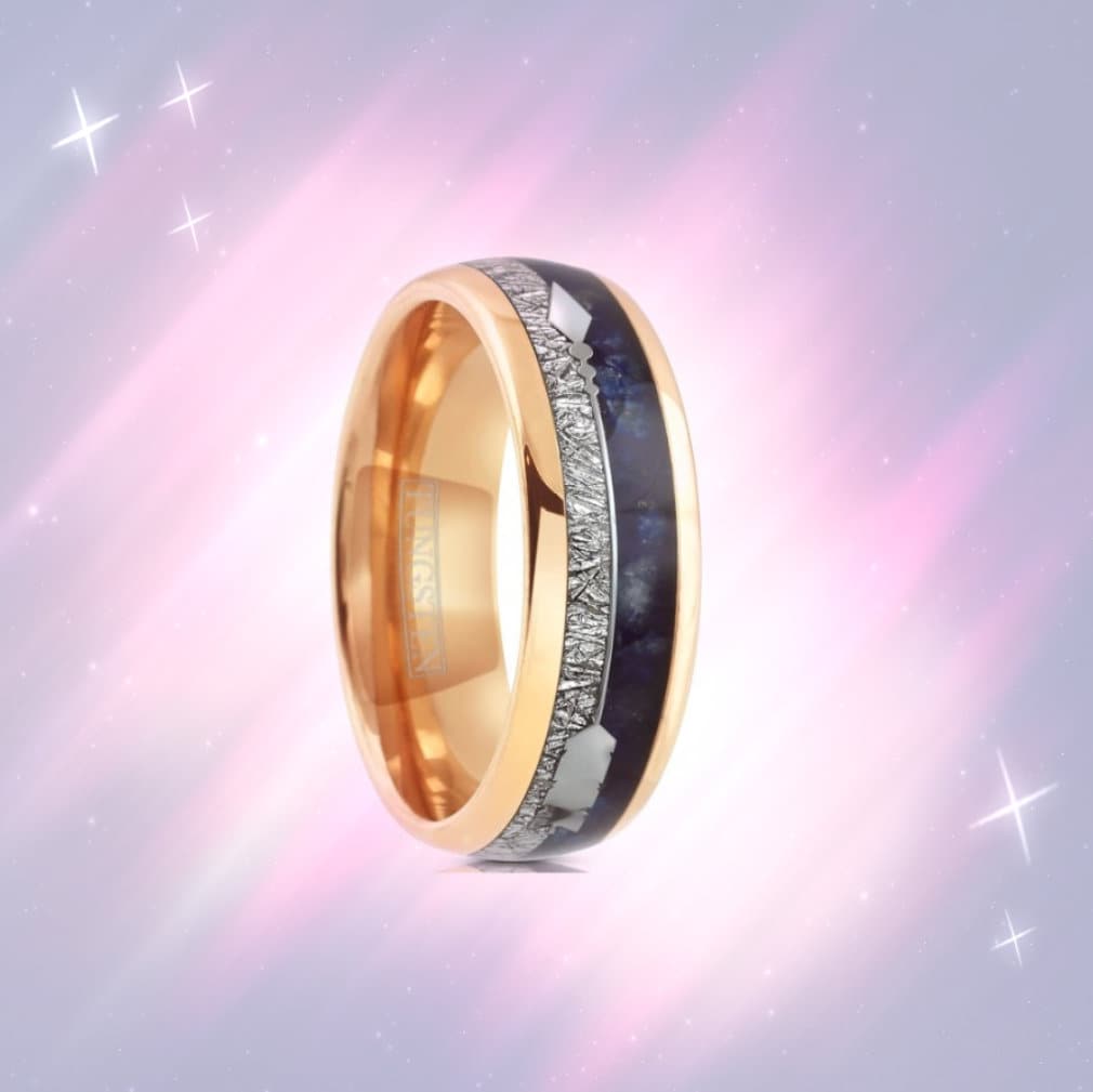 Golden Lapis - Rose Gold Tungsten Ring with Meteorite and Lapis Lazuli Inlay