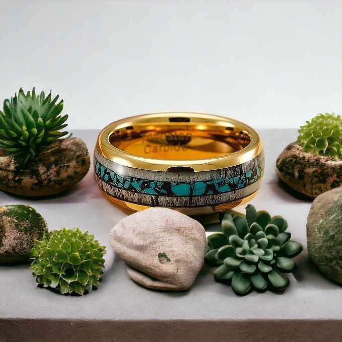 Elegant Hunter - Gold Tungsten Deer Antler Ring with Turquoise Center Inlay