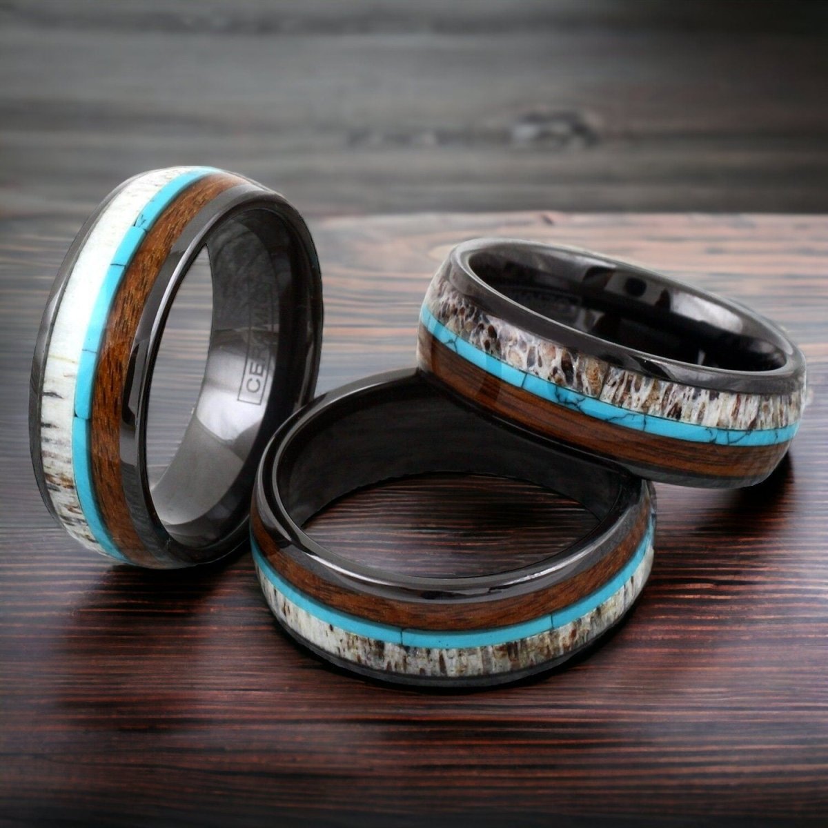 Natural Class - Black Ceramic Ring with Turquoise, Deer Antler, and Koa Wood Inlay