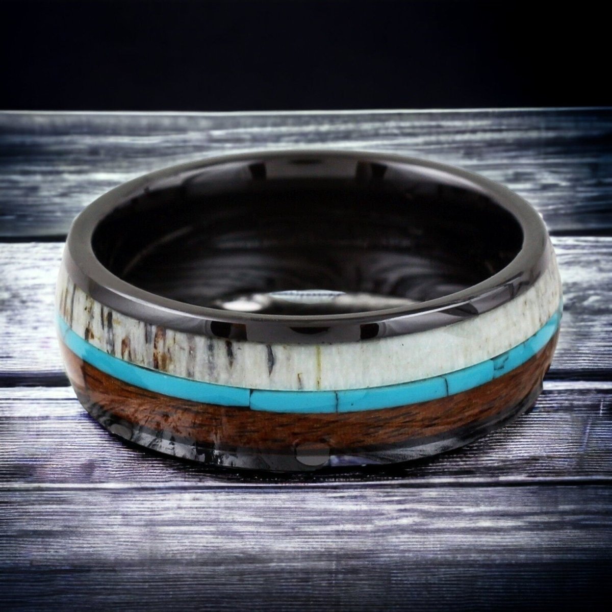 Natural Class - Black Ceramic Ring with Turquoise, Deer Antler, and Koa Wood Inlay