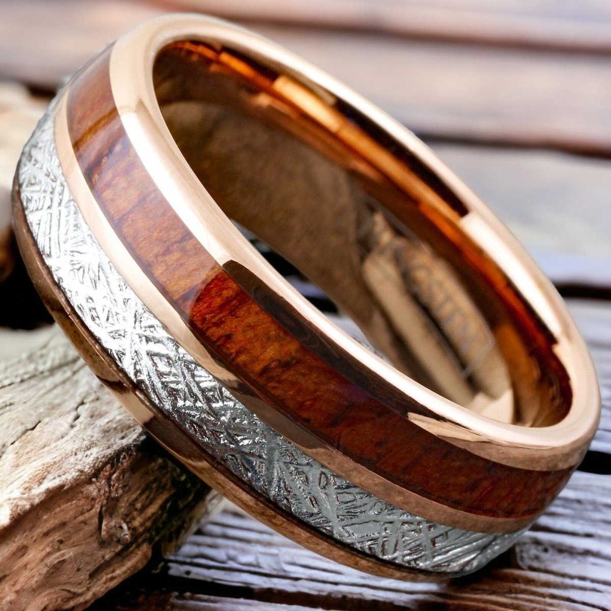 Space Wood - Rose Gold Koa Wood and Meteorite Ring
