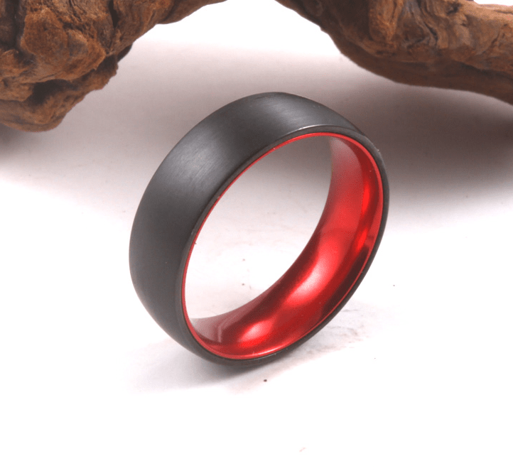 Red Sleeve - Black Tungsten Wedding Band with Red Aluminum Sleeve
