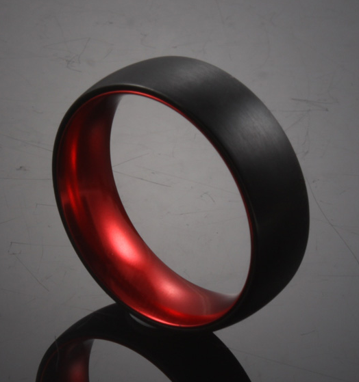 Red Sleeve - Black Tungsten Wedding Band with Red Aluminum Sleeve