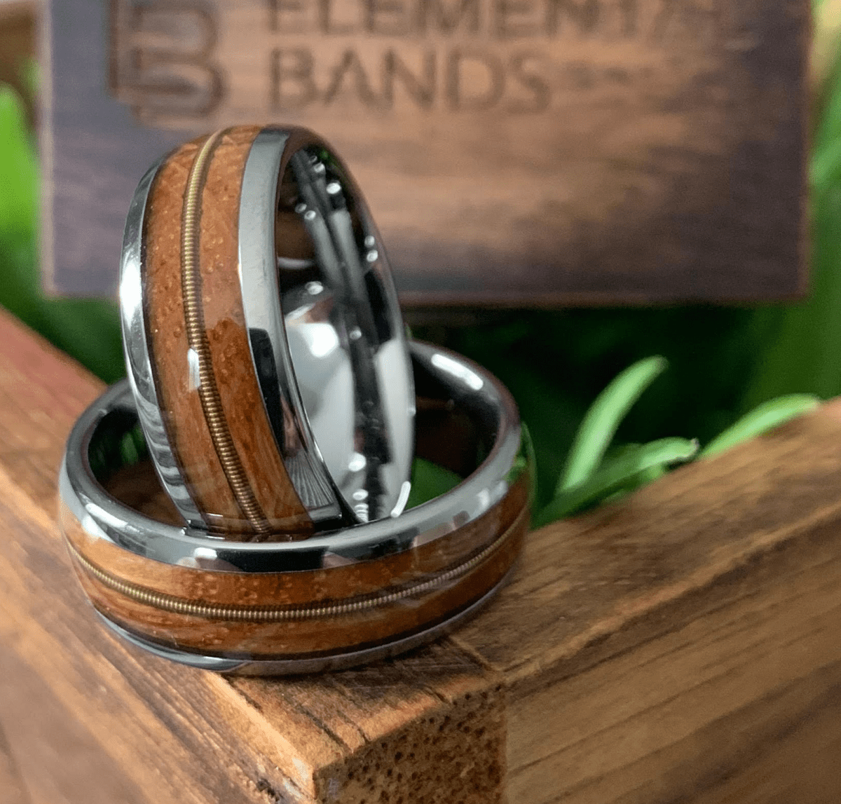 guitar string wedding band with whiskey barrel inlay