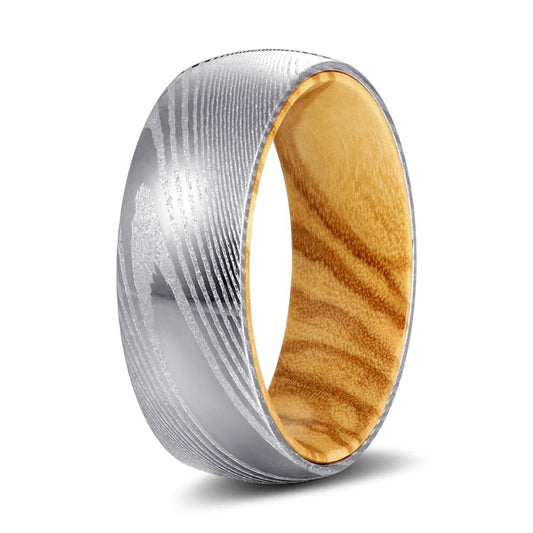 Olive You - Damascus Steel Olive Wood Wedding Band