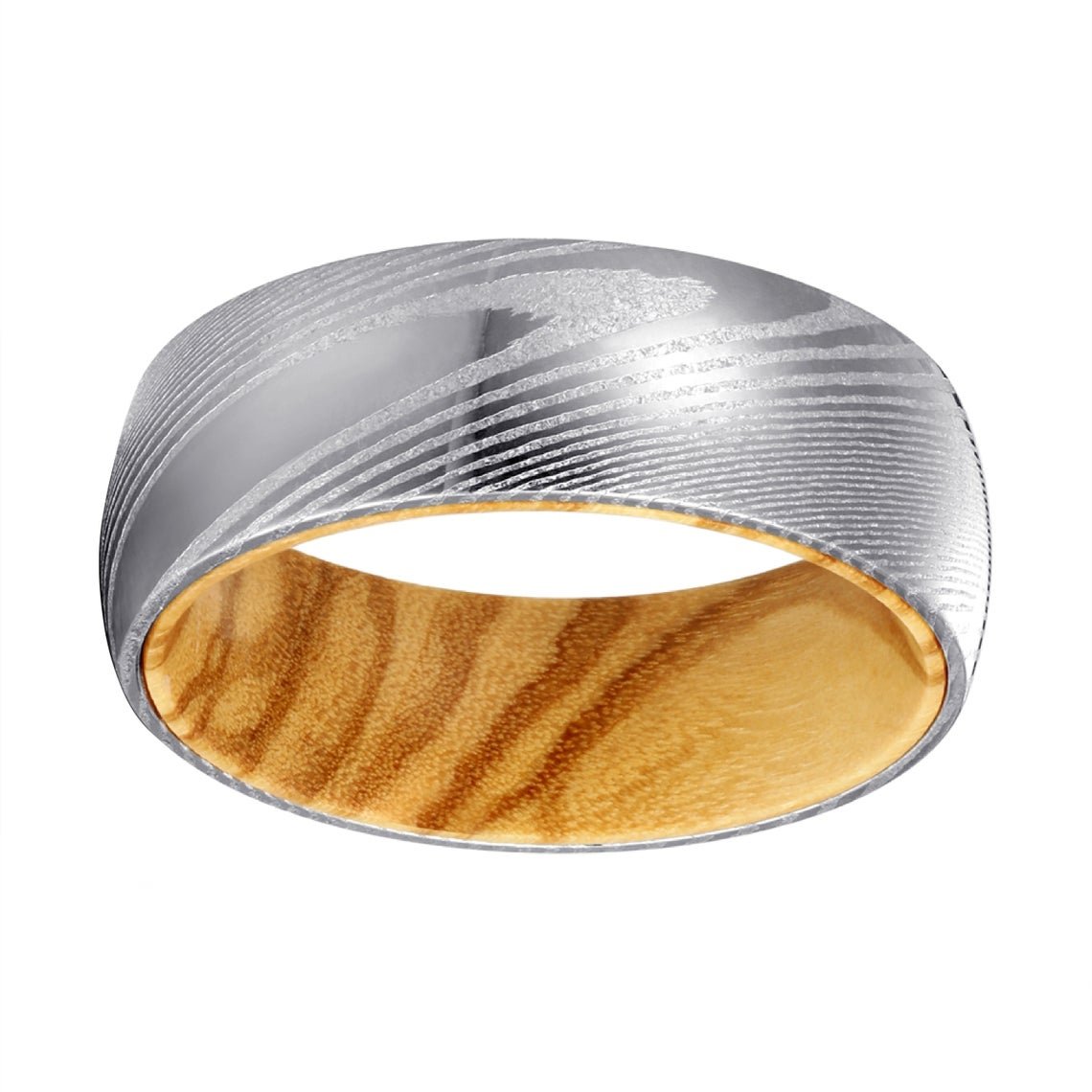Olive You - Damascus Steel Olive Wood Wedding Band