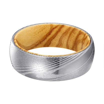 Olive You - Damascus Steel Olive Wood Wedding Band