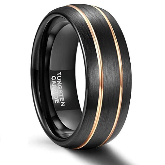 Style Master - Black Tungsten Wedding Band with Rose Gold Stripes