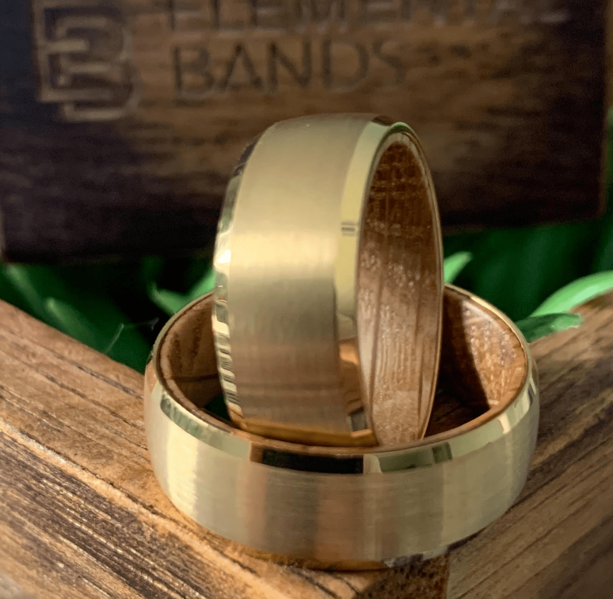 Yellow Gold Tungsten Wedding Band with Whiskey Barrel Wood Sleeve