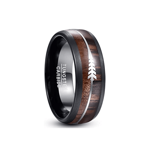 Arrow Wood - Black Tungsten Ring with Koa Wood Inlay and Arrow Design