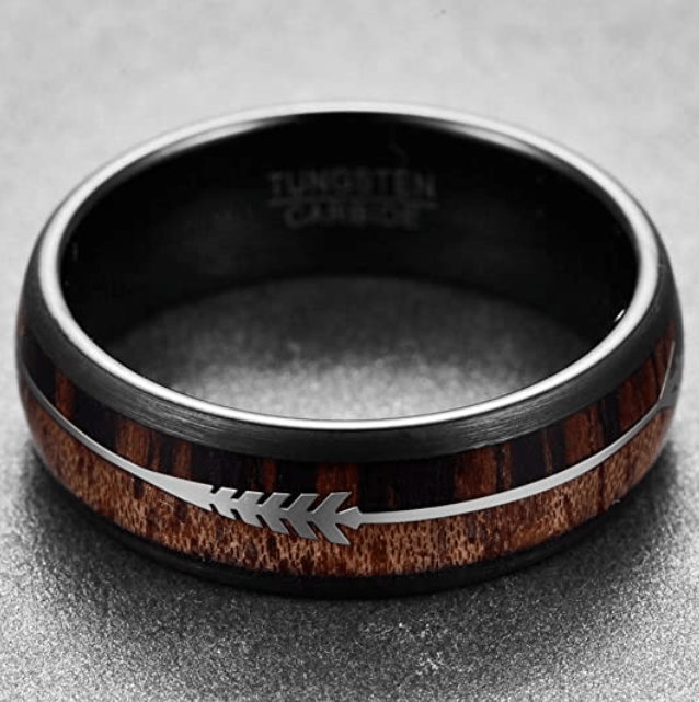 Arrow Wood - Black Tungsten Ring with Koa Wood Inlay and Arrow Design