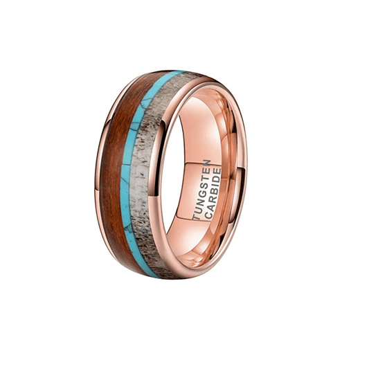 The Beast - Rose Gold Tungsten with Wood, Turquoise, and Deer Antler Inlay