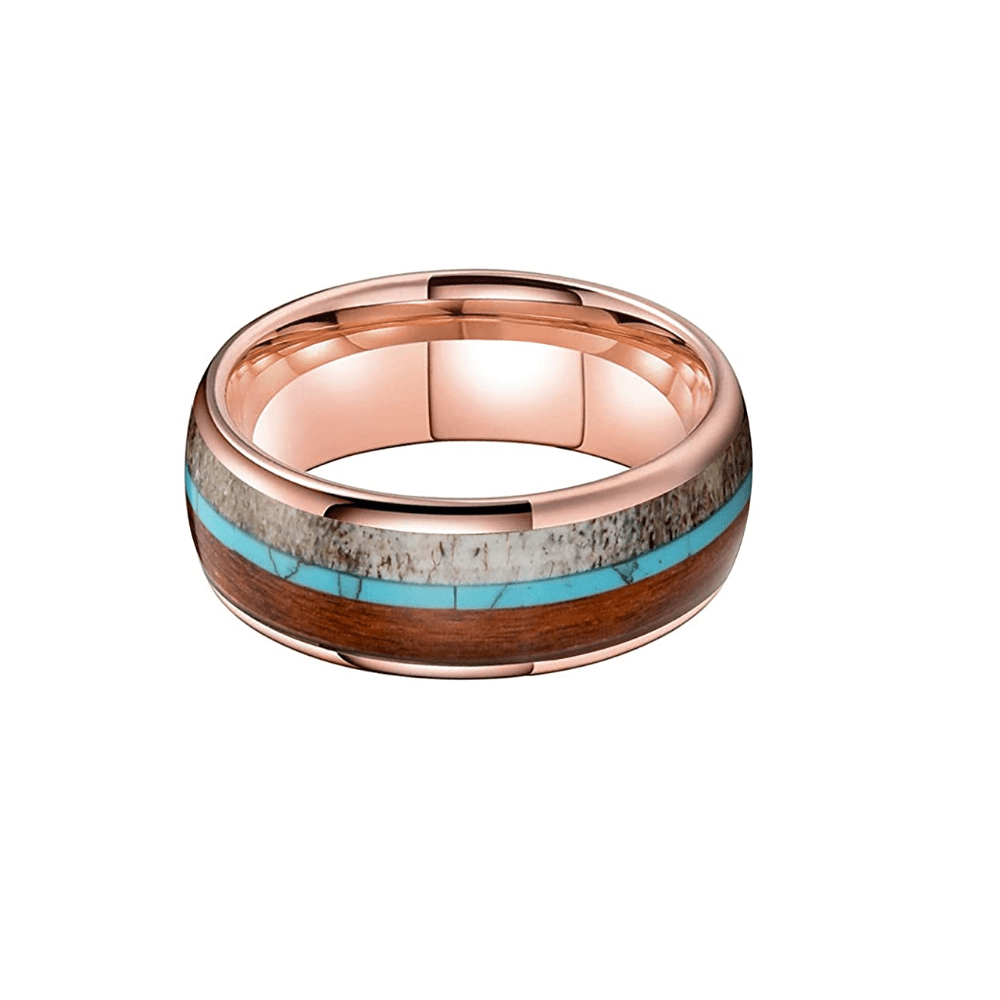 The Beast - Rose Gold Tungsten with Wood, Turquoise, and Deer Antler Inlay