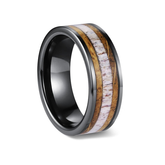 Trophy Hunter - Black Ceramic Whiskey Barrel and Antler Wedding Band