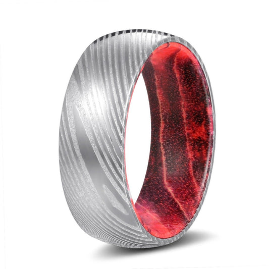 Red Lava - Damascus Steel with Black and Red Box Elder Wood Ring