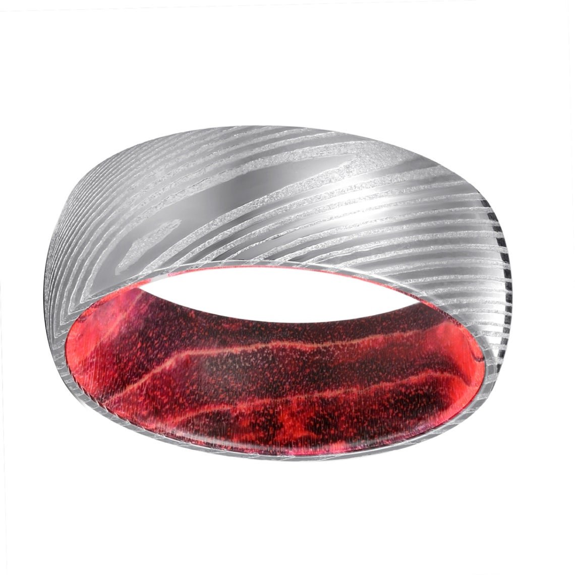 Red Lava - Damascus Steel with Black and Red Box Elder Wood Ring
