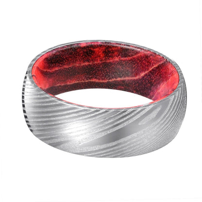 Red Lava - Damascus Steel with Black and Red Box Elder Wood Ring