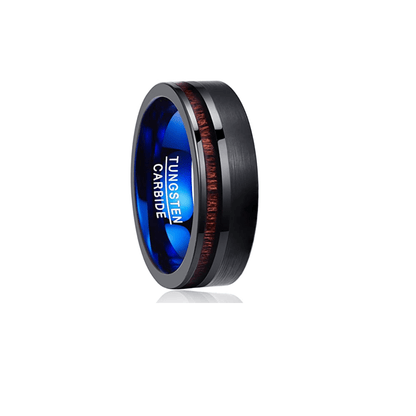 Night Line - Black and Blue Tungsten Wedding Band with Koa Wood Inlay