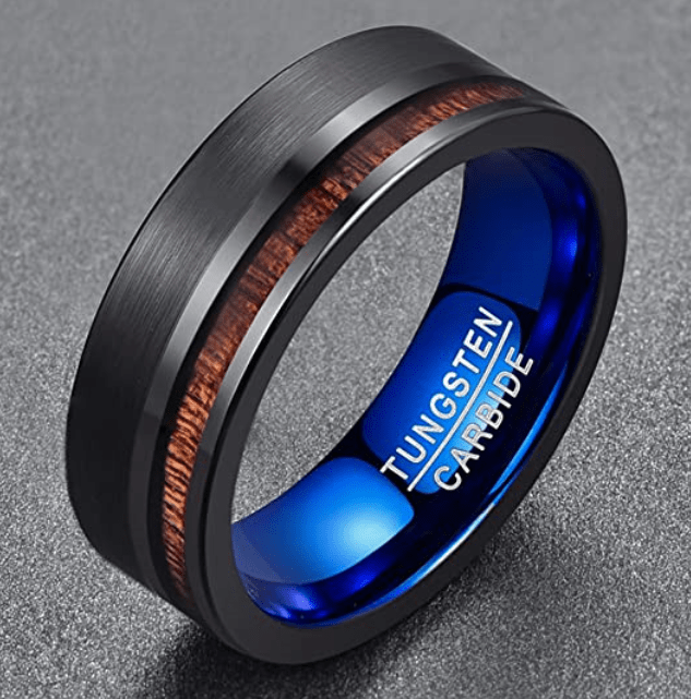 Night Line - Black and Blue Tungsten Wedding Band with Koa Wood Inlay
