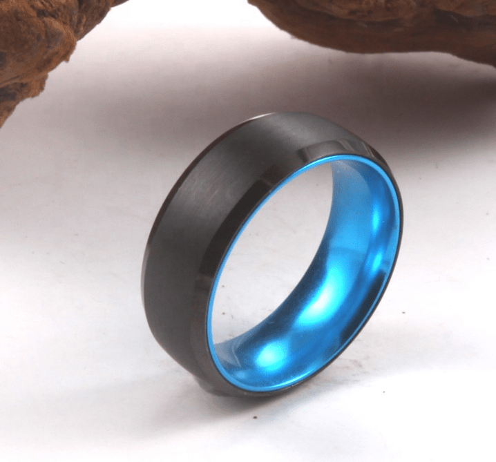 Blue Sleeve - Black Tungsten Wedding Band with Blue Aluminum Sleeve