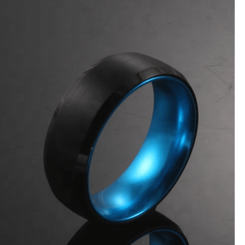 Blue Sleeve - Black Tungsten Wedding Band with Blue Aluminum Sleeve