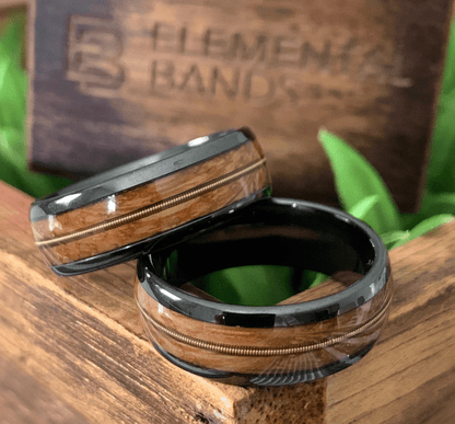 guitar string ceramic ring with whiskey barrel wood