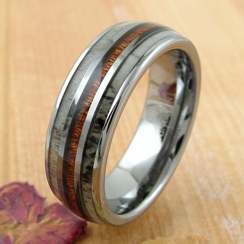 Deer in the Woods - Koa Wood and Deer Antler Wedding Band