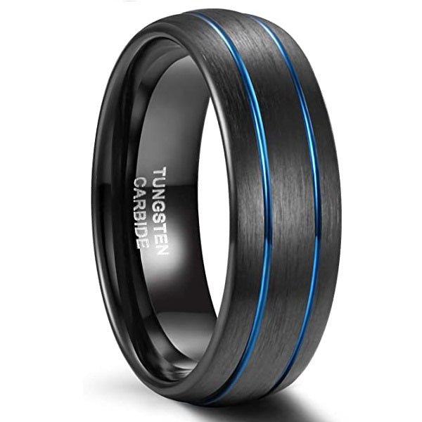 Groovy Blue - Black Tungsten Wedding Band with Blue Grooves