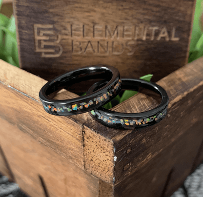 Fire Fly - Black Tungsten Wedding Ring with Fire Opal Inlay