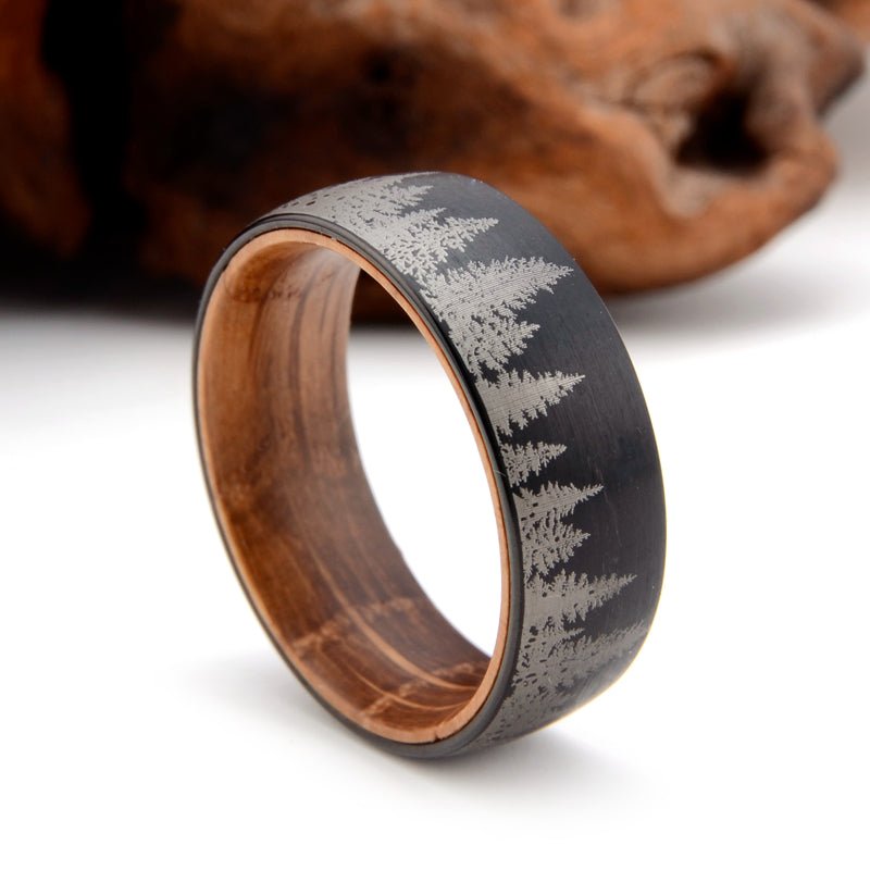 Nature Ring Mens Wedding Band Wood Ring with Forest Trees - Unique Tungsten Mens Rings 8.5