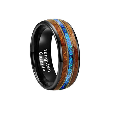 Night Musical - Black Tungsten Ring with Whiskey Barrel, Opal, and Guitar String Inlay