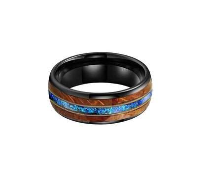 Night Musical - Black Tungsten Ring with Whiskey Barrel, Opal, and Guitar String Inlay