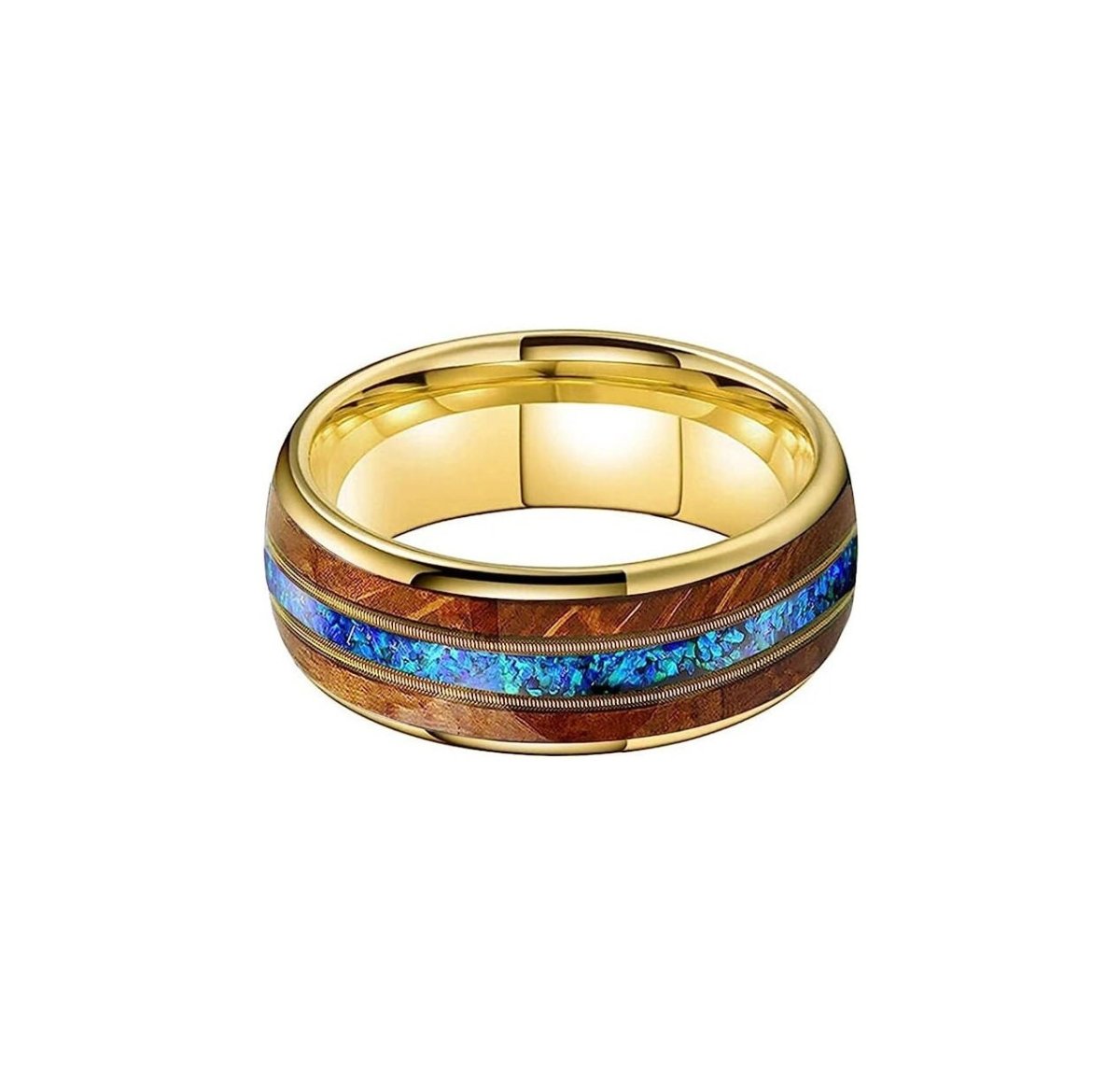 Golden Musician - Guitar String Men's Wedding Band with Whiskey Barrel and Opal Inlay