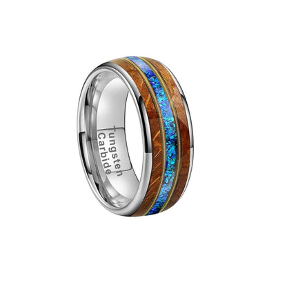 Silver Musician - Silver Tungsten Guitar String Ring with Whiskey Barrel and Blue Opal