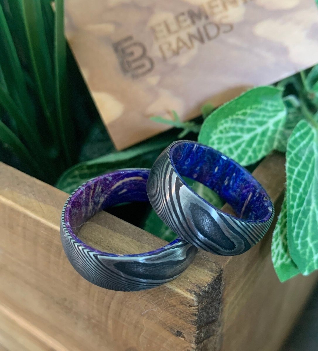 Purple Steel - Mens Damascus Steel Ring with Purple Elder Wood Sleeve