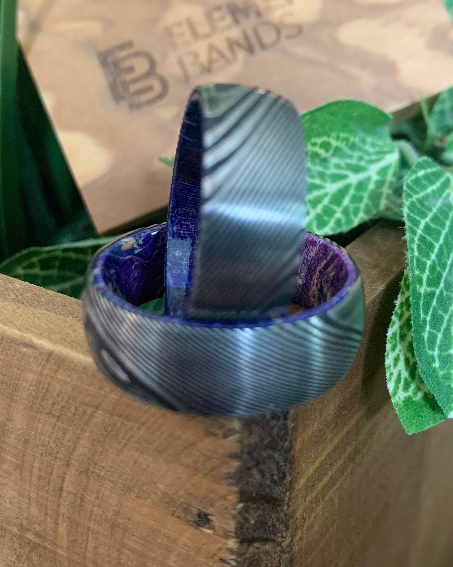 Purple Steel - Mens Damascus Steel Ring with Purple Elder Wood Sleeve