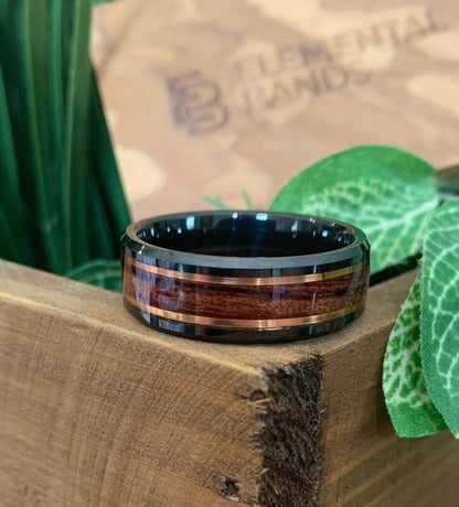 Exquisite Man - Black Tungsten Wedding Band with Rose Gold and Koa Wood Inlay