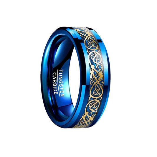 Blue and Gold tungsten men's wedding band with celtic dragon design