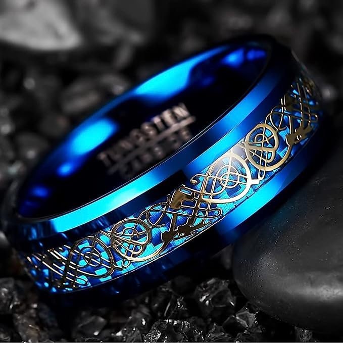 Blue and gold tungsten carbide wedding band with carbon fiber and Celtic dragon design