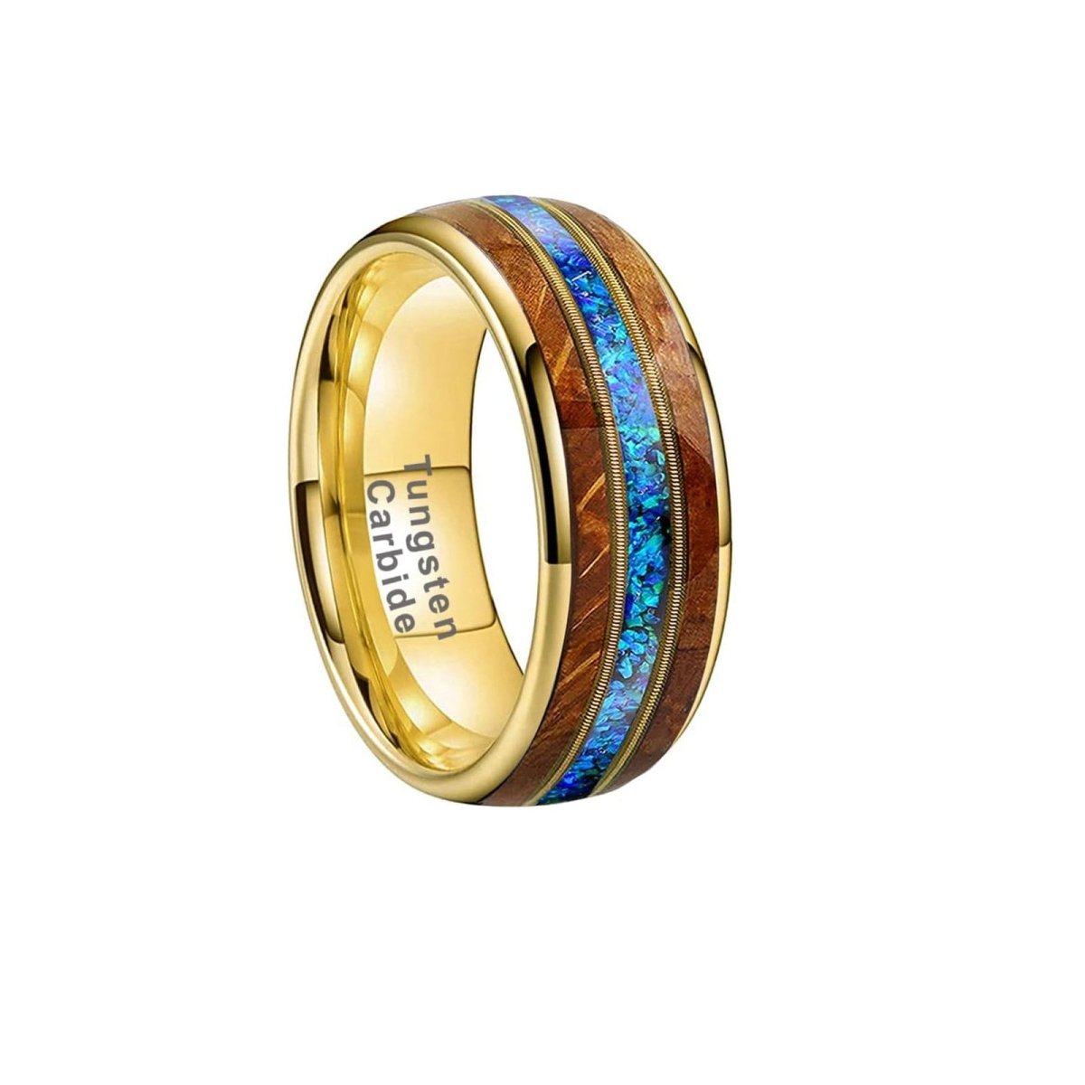 Golden Musician - Guitar String Men's Wedding Band with Whiskey Barrel and Opal Inlay